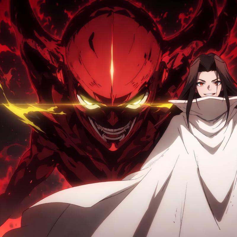 03576-3131064520-Background energy burst. Surrounding energy, evil smile__1 boy with long balck hair, white cloak, red gloves, red shoes, red pan.png